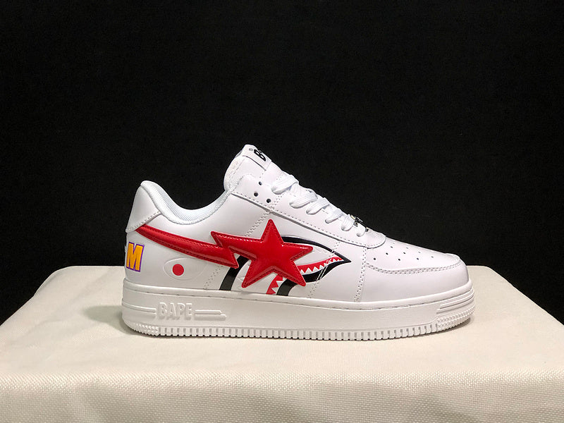 A BATHING APE BAPE STA Low-Top Sneakers – White & Red Shark Graphic