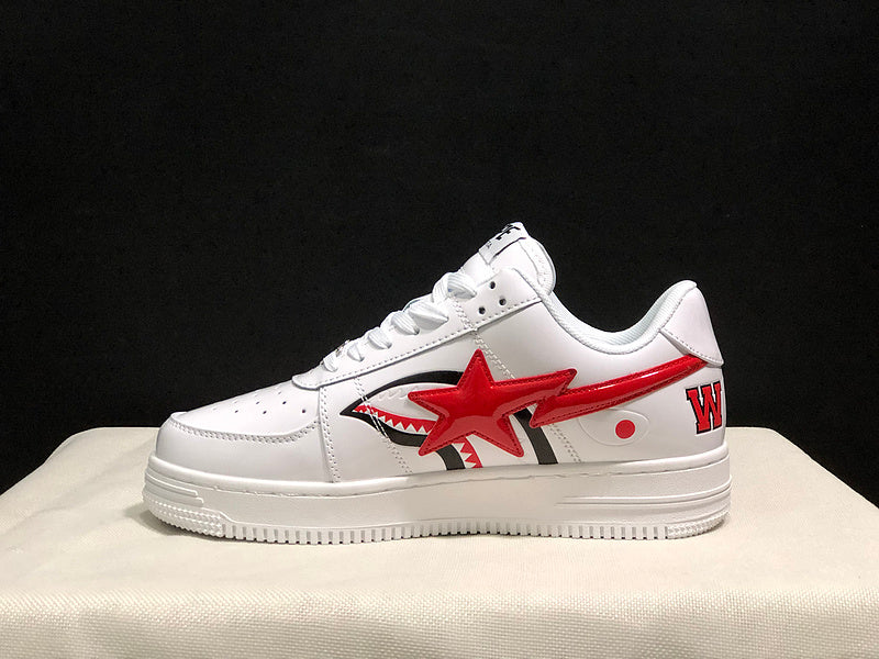 A BATHING APE BAPE STA Low-Top Sneakers – White & Red Shark Graphic
