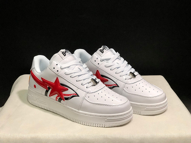 A BATHING APE BAPE STA Low-Top Sneakers – White & Red Shark Graphic