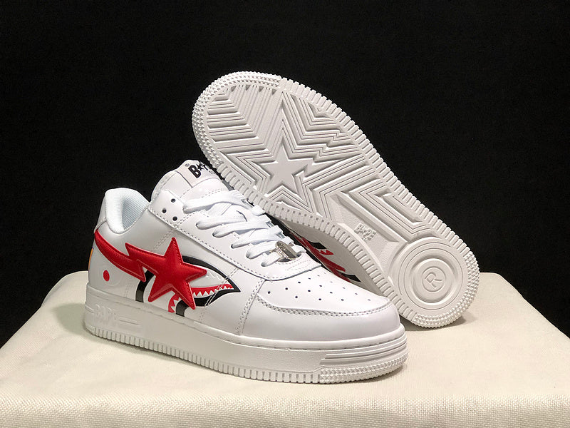 A BATHING APE BAPE STA Low-Top Sneakers – White & Red Shark Graphic