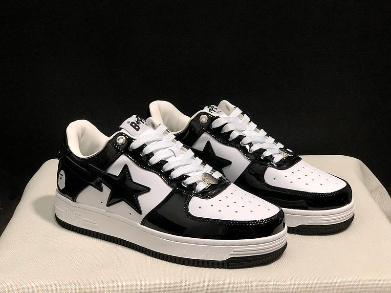 BAPE STA Low Black & White Patent Sneakers